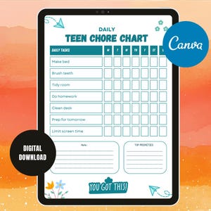 Tabella settimanale delle faccende domestiche per adolescenti stampabile / Monitoraggio dei compiti e dei lavori a casa / Pianificatore di responsabilità / Lista di controllo della routine / Focus sulle abitudini PDF