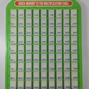 May include: A green plastic multiplication table learning board with a handle at the top. The board features a grid of white rectangular tiles, each printed with a multiplication equation from 1x1 to 9x9. The text QUICK MEMORY TO THE MULTIPLICATION TABLE is printed in red at the top.