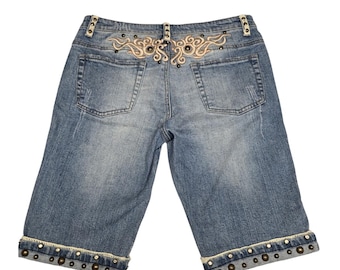 Vintage Y2K Embellished Jean Shorts Embroidered Studded Denim L Bermuda