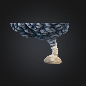 May include: A unique, abstract sculpture resembling a brain with a swirling, tornado-like stem and a cloud-shaped base. The sculpture is primarily blue and white, set against a dark background.