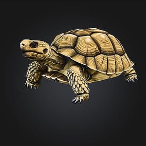 Op de afbeelding: Een gedetailleerde illustratie van een schildpad met een getextureerd, goudbruin schild en schilferige huid op de kop en poten. Het dier is afgebeeld in een lopende houding met zichtbare klauwen tegen een donkere, neutrale achtergrond.