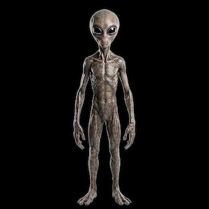 Puede incluir: Una representación de cuerpo completo de una figura extraterrestre gris con una cabeza grande, lisa y bulbosa, ojos oscuros ovalados prominentes y un cuerpo esbelto, texturizado y moteado en gris y marrón, de pie en una postura neutra sobre fondo negro.