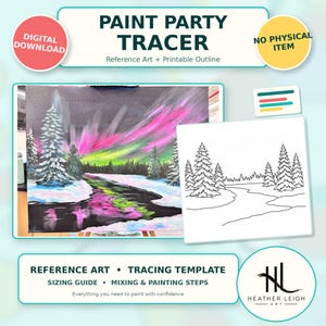 May include: A digital download paint party tracer featuring a reference painting of a snowy landscape with pine trees and a vibrant pink and green aurora borealis reflecting in a dark river, alongside a black and white line art tracing template.