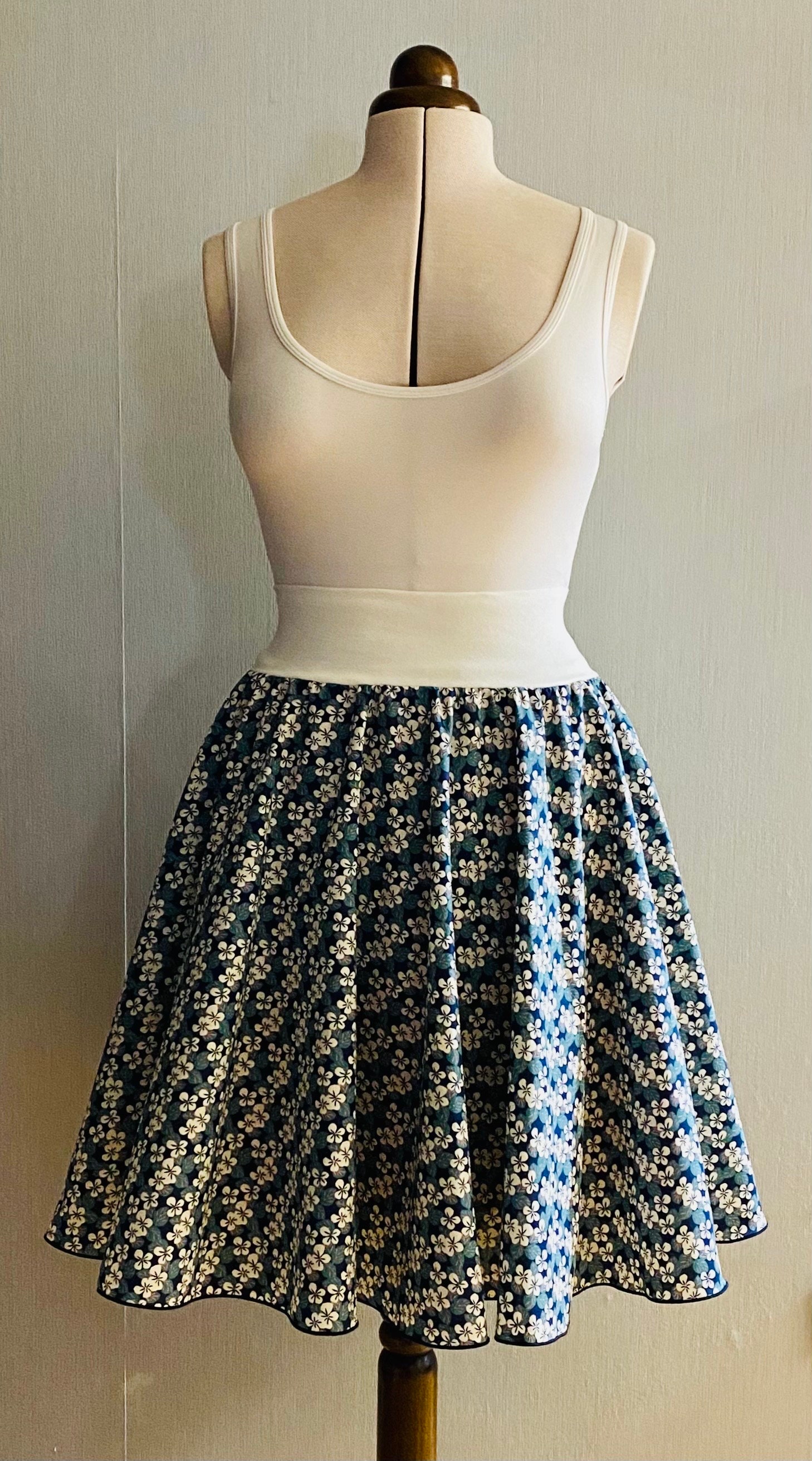 WOMEN - circle skirt with flowers petrol/white/dark blue - various sizes