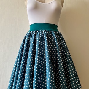 WOMEN'S - circle skirt in petrol with white dots various sizes up to women's size. 62