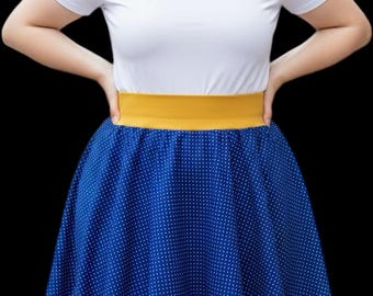 WOMEN'S - Circle skirt, medium blue with white polka dots - yellow waistband - various sizes