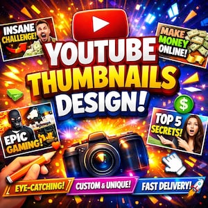 Puede incluir: Un gráfico vibrante que promociona los servicios de diseño de miniaturas de YouTube. La imagen presenta una cámara, el logotipo de YouTube y texto como "Thumbnails Design!" y "Eye-Catching!" con miniaturas sobre juegos, dinero y secretos.