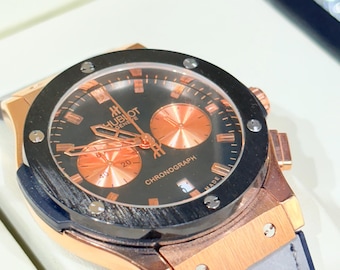 Hublot Big Bang Rose Gold Chronograph Watch Men Black Dial Gray Strap