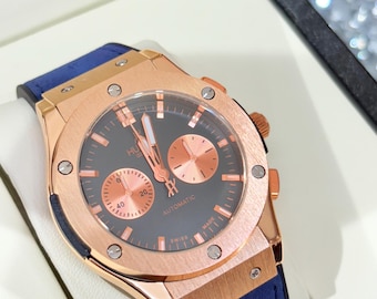 Hublot Big Bang Rose Gold Watch Black Dial Blue Strap Swiss Made Men's Timepiece