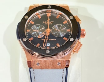 Hublot Big Bang Rose Gold Chronograph Watch Men Black Dial Luxury Wristwatch Gray Strap