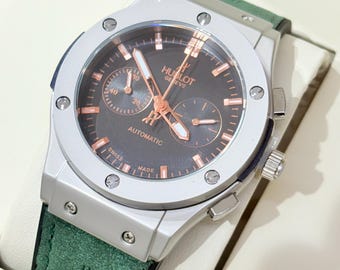 Hublot Big Bang Watch Titanium Gray Case Black Dial Green Strap Swiss Luxury Men's Wristwatch