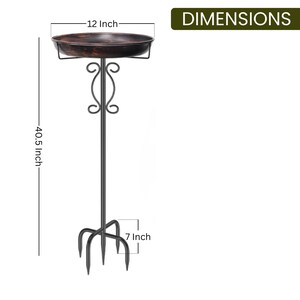 Peut inclure: Un bain d'oiseaux en m&eacute;tal noir avec une cuvette marron fonc&eacute;. Le bain d'oiseaux mesure 102,87 cm de haut, avec une cuvette de 30,48 cm et une base de 17,78 cm. Les dimensions sont indiqu&eacute;es sur l'image.