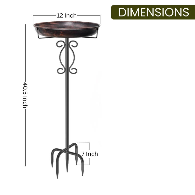 Peut inclure: Un bain d'oiseaux en m&eacute;tal noir avec une cuvette marron fonc&eacute;. Le bain d'oiseaux mesure 102,87 cm de haut, avec une cuvette de 30,48 cm et une base de 17,78 cm. Les dimensions sont indiqu&eacute;es sur l'image.