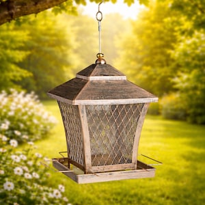 May include: A bronze-colored, hanging bird feeder with a diamond-patterned mesh cage and a square feeding tray. The feeder has a pagoda-style roof and is suspended from a chain. The background is a blurred view of a garden.