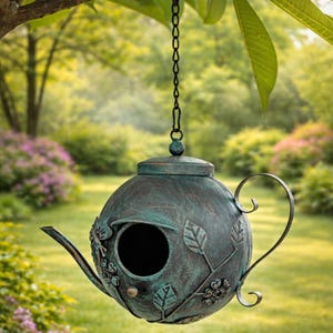 Metal Birdhouse, Antique Teapot Hanging Bird House for Outdoor | Rustic Garden Decor
