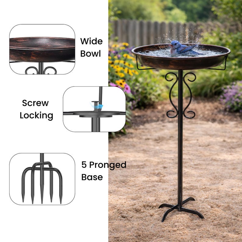 Peut inclure: Un abreuvoir &agrave; oiseaux de couleur bronze avec une large cuvette, un m&eacute;canisme de verrouillage &agrave; vis et une base &agrave; 5 broches. Le bain d'oiseaux est soutenu par un support d&eacute;coratif en fer forg&eacute;. Un oiseau bleu s'&eacute;clabousse dans l'eau.
