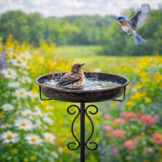 Vintage Metal Birdbath - 40" Tall Freestanding Garden Bowl
