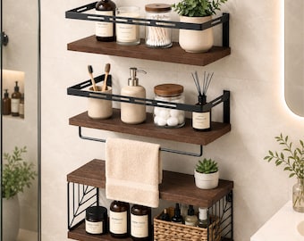 Solid Wood Floating Shelves with Towel Bar – Farmhouse Metal Frame Wall Storage Organizer
