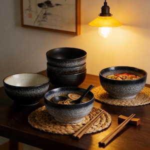 以下が含まれることがあります： 黒と青の斑点模様のセラミックラーメン丼のコレクション。箸、織りのプレースマット、ラーメンの丼も写っています。丼は様々なサイズがあります。