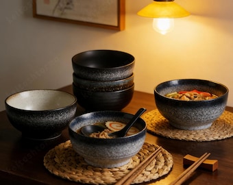 Japanse keramische ramenkom, vintage noedelkom, noedelsoepkom, noedel-, soep-, rijstkom, keukengerei cadeau, cadeau voor foodies