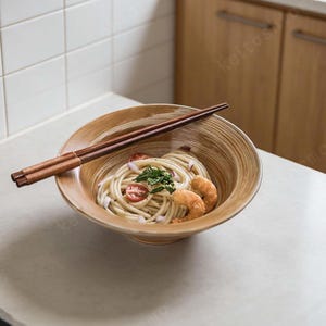 以下が含まれることがあります： スパゲッティ、エビ、トマト、ハーブが入った木製のボウル。濃い茶色の箸が縁に置かれています。ボウルは明るい茶色のテクスチャード加工された外観をしています。料理のプレゼンテーション。