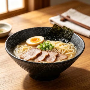 以下が含まれることがあります： 黒い斑点のある陶器の丼に、薄いスープに入ったラーメン、4枚のチャーシュー、半分に切った煮卵、刻みネギ、炒りごま、そして長方形の海苔がトッピングされたラーメンが入っています。
