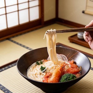 以下が含まれることがあります： 麺、エビ、野菜が入った濃い茶色のボウル。箸がボウルの上に麺の一部を持っています。この料理は、伝統的な日本の畳の上で提供されています。