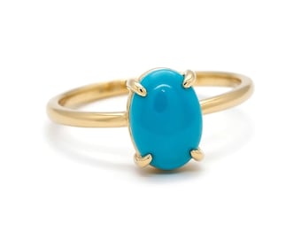 Anillo de boda solitario ovalado de turquesa natural, joyería llamativa de oro amarillo macizo de 14 quilates, piedra de nacimiento de diciembre