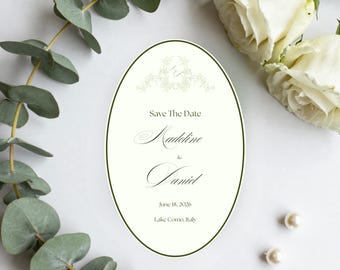 Biglietto Save the Date ovale verde salvia / Modello Canva stampabile e modificabile da scaricare