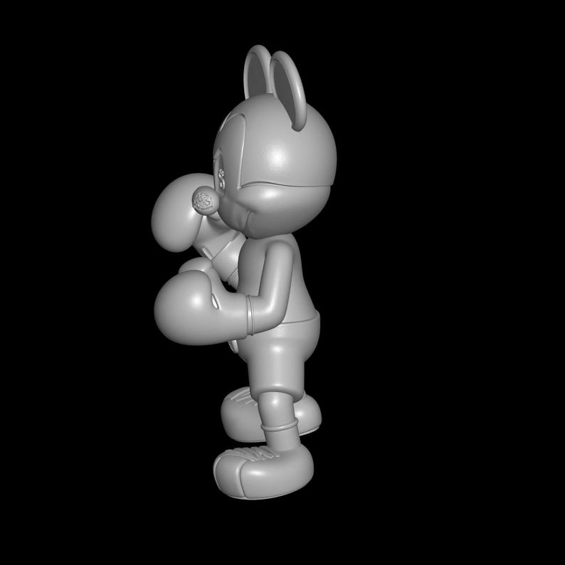 May include: A gray 3D rendering of a cartoon character in boxing attire. The character has large boxing gloves, shorts, and a smiling face. The character has large ears and is standing in a boxing pose against a black background.