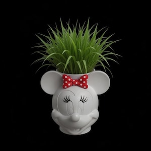 May include: A white Minnie Mouse-shaped planter with a red and white polka dot bow. The planter is filled with green grass. The planter has closed eyes and a smiling face. The background is black.