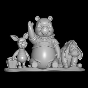 May include: A 3D-rendered sculpture of Winnie the Pooh, Piglet, and Eeyore. Winnie the Pooh is waving, Piglet holds a basket, and Eeyore is seated. The figures are in a neutral colour against a black background.