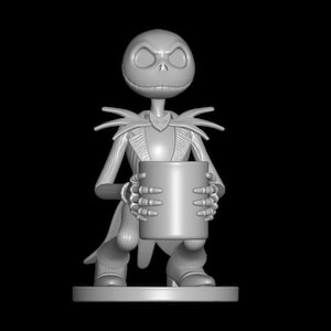 May include: A grey figurine of Jack Skellington from The Nightmare Before Christmas. The figure is holding a cylindrical object. Jack is wearing his signature pinstripe suit and has a skeletal face with large, empty eye sockets.