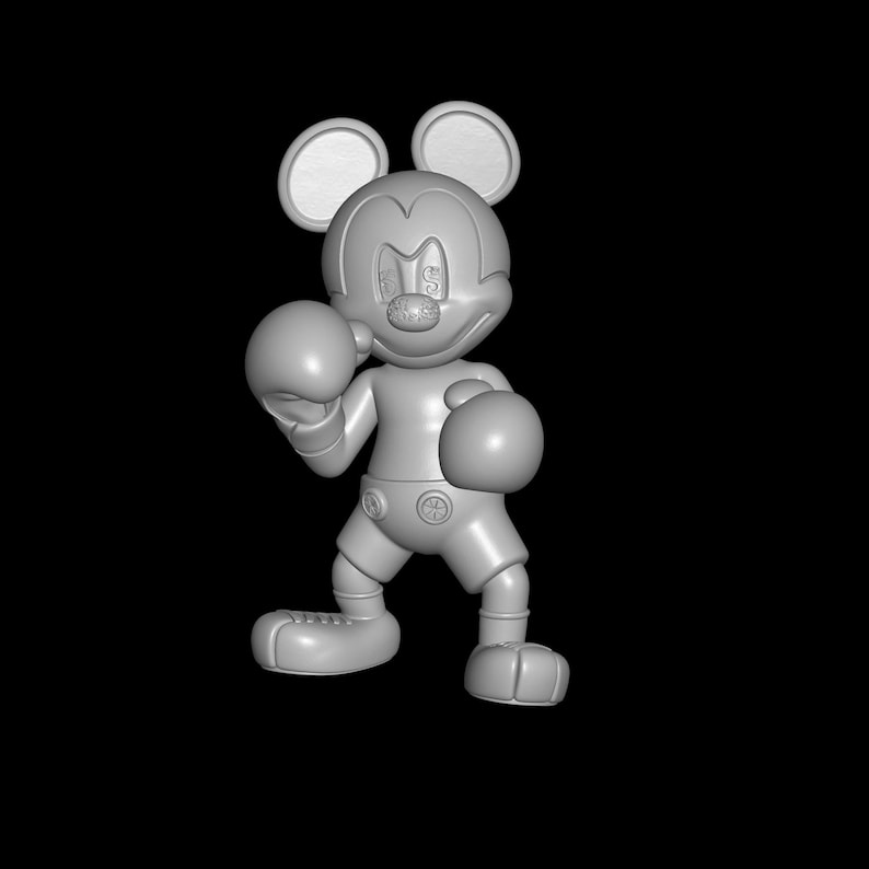 May include: A gray 3D-rendered figurine of a cartoon mouse in boxing attire. The mouse has large round ears, boxing gloves, and shorts. The figure is set against a black background.