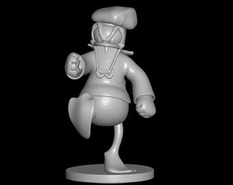 May include: A 3D-printed figurine of a cartoon character in a sailor outfit, beret, and a distinctive duck-like face. The figure is in a walking pose, with one leg raised, and is set on a circular base. The color is a light gray.