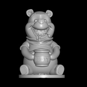 May include: A gray 3D-printed figurine of a smiling bear holding a honey pot. The bear has a large grin with honey dripping from its mouth. The honey pot is labeled "HONEY".