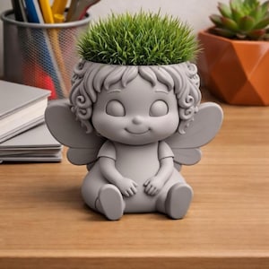 Puede incluir: Una maceta gris con forma de ángel, con una cara sonriente, pelo rizado y pequeñas alas. La maceta está llena de hierba verde. Una suculenta en una maceta geométrica naranja está en el fondo.