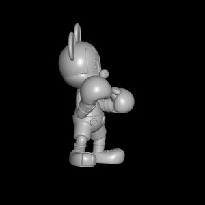 May include: A gray cartoon character in a boxing stance, wearing boxing gloves and shorts. The character has large ears and a button on the shorts. The background is black.