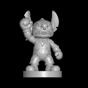 May include: A gray figurine of Stitch from Lilo & Stitch, posed with a raised fist. The figure wears overalls and boxing gloves, with an angry expression. The figurine is on a small, round base against a black background.