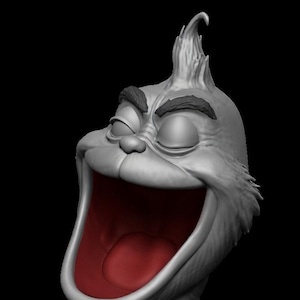 May include: A 3D rendered, grayscale image of a cartoonish face with a wide, open mouth and closed eyes. The mouth is red, and the face has exaggerated features, including thick eyebrows and a tuft of hair on top.