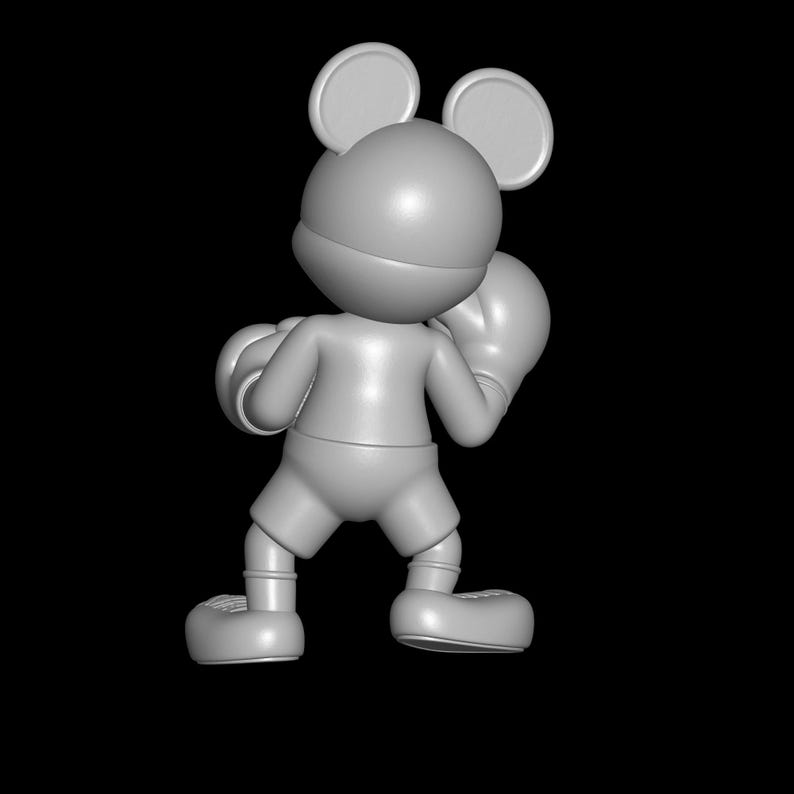 May include: A gray 3D-rendered figure of a cartoon mouse in a boxing stance, viewed from the back. The figure wears boxing gloves and shorts, with large round ears and a round head. The background is solid black.