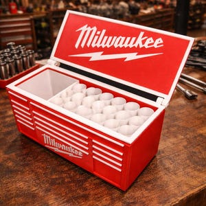 May include: Red and white Milwaukee tool storage box with the Milwaukee logo on the lid and side. The box is open, revealing white compartments for storing tools. The box is sitting on a wooden surface.