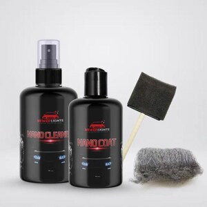 May include: Two black bottles labeled "Nano Cleaner" and "Nano Coat" with red and white text, a black applicator sponge, and a gray cleaning pad. The bottles have a car graphic and the brand name "Newer Lights".