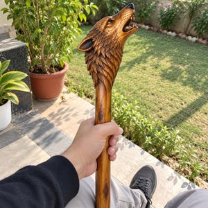 Könnte beinhalten: Ein Gehstock aus Holz mit einem handgeschnitzten Wolfskopf als Griff. Der Wolf ist mit geöffnetem Maul in heulender Pose dargestellt und zeigt eine detaillierte Fellstruktur sowie natürliche Holzmaserungen in einem warmen Braun.