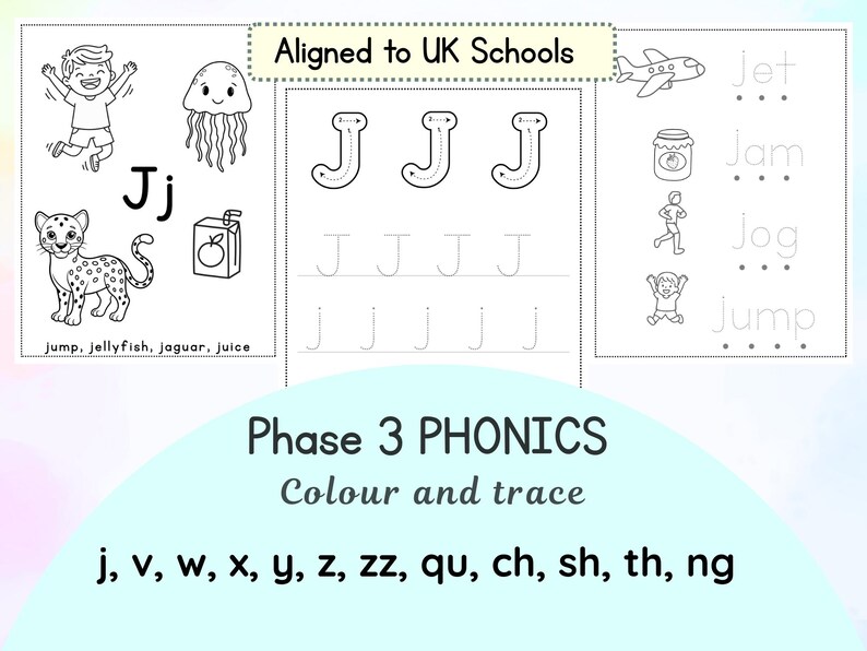 Jet Tracing Phase 3 Phonics Colouring & Tracing Worksheets| Preschool Reception ...