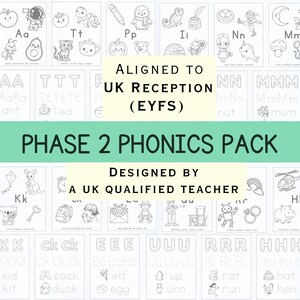 Może przedstawiać: Czarno-biały pakiet Phase 2 Phonics dla UK Reception (EYFS). Zaprojektowany przez wykwalifikowanego nauczyciela z Wielkiej Brytanii, zawiera litery alfabetu z ilustracjami. Pakiet zawiera tekst "Aligned to UK Reception (EYFS)" i "Phase 2 Phonics Pack".
