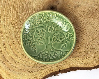 Tiny ring dish with Tree of Life motif | Handmade Porcelain Trinket Bowl | Green or Blue | Dishwasher safe