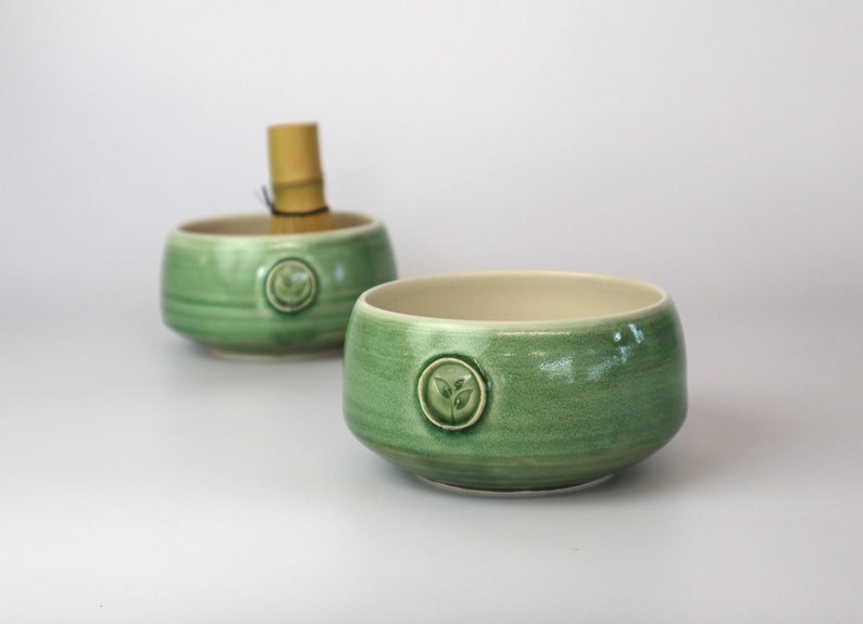 Porcelain matcha bowl Available in green or blue Adorned with a tea leaf stamp Handmade in Canada image 2