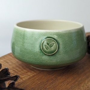 Porcelain matcha bowl Available in green or blue Adorned with a tea leaf stamp Handmade in Canada image 4