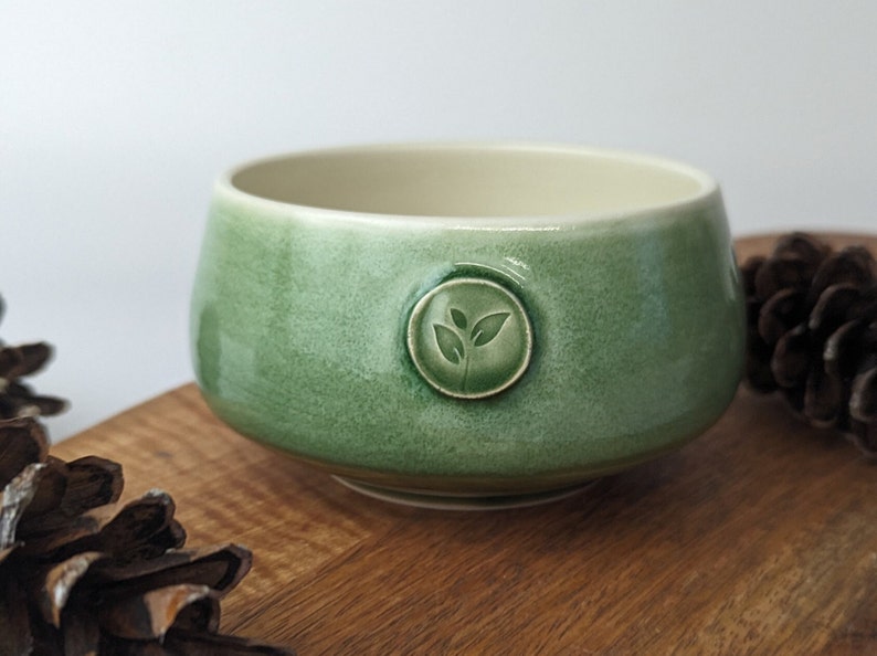 Porcelain matcha bowl Available in green or blue Adorned with a tea leaf stamp Handmade in Canada image 4